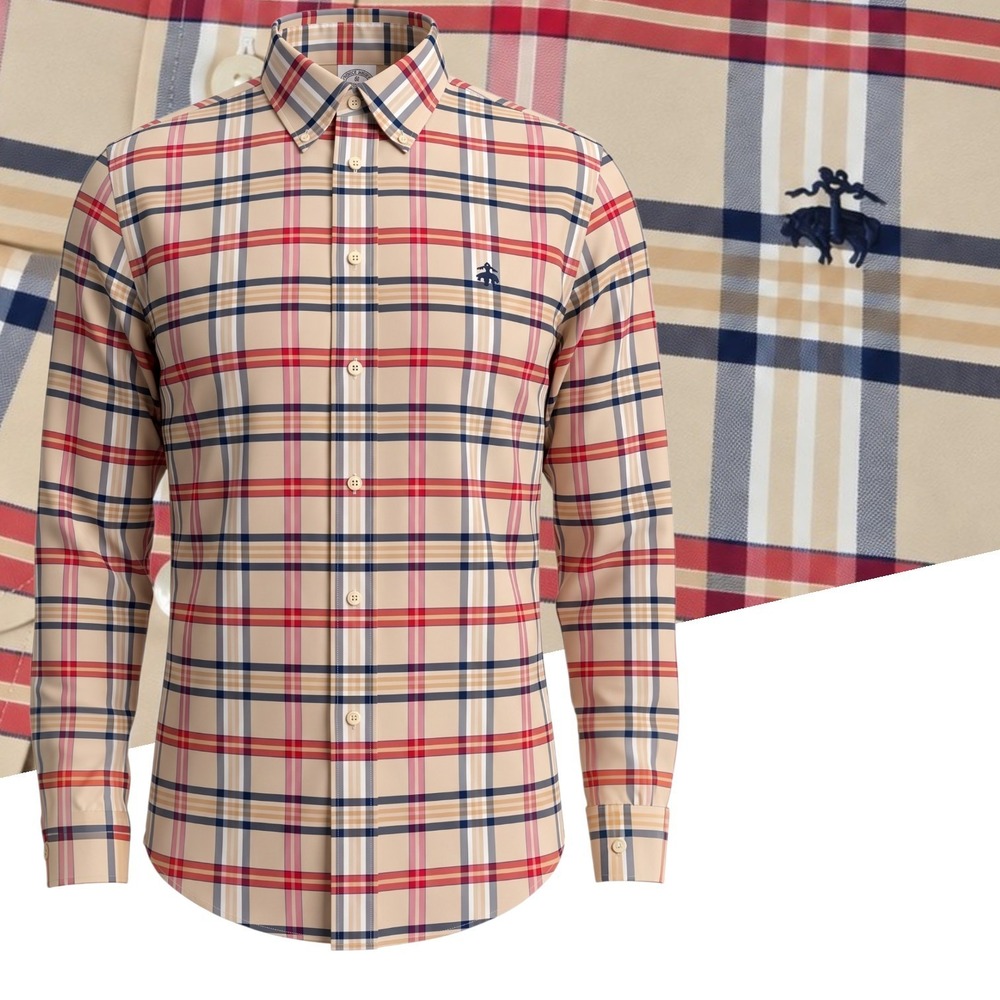 Brooks Brothers Button Down Shirt Mens M Tan Plaid Regent Non-Iron Supima Cotton